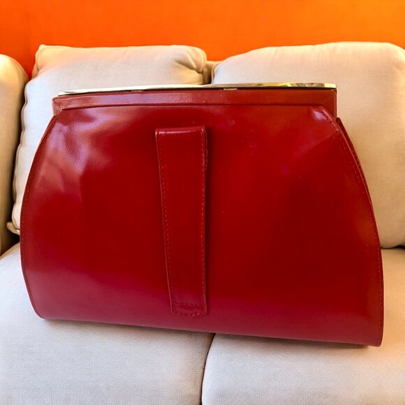 Perry Ellis Red Leather Vintage Clutch Handbag Chrome Croc Print Italy - Picture 13 of 15